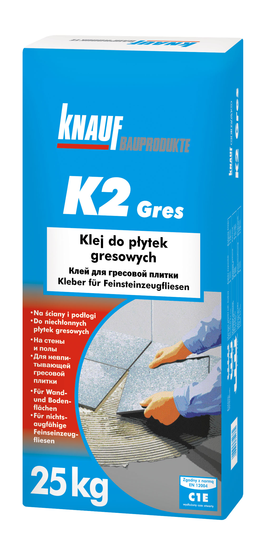 Opakowanie kleju do płytek gresowych KNAUF K2 Gres, z ilustracją nakładania kleju na płytki. Widoczne informacje o zastosowaniu na ściany i podłogi, zgodności z normą EN 12004 oraz wadze 25 kg.